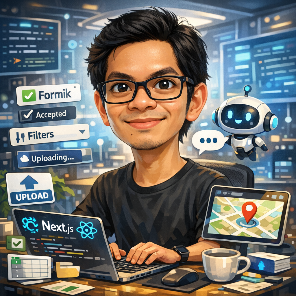 Illustrated portrait of Vincentius Clarishna at his frontend development workspace